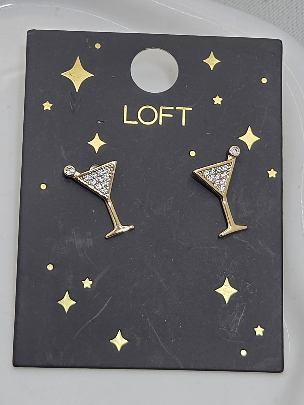 NWT LOFT Gold Rhinestone Martini Glass Stud Earrings Cocktail Happy Hour 🍸✨